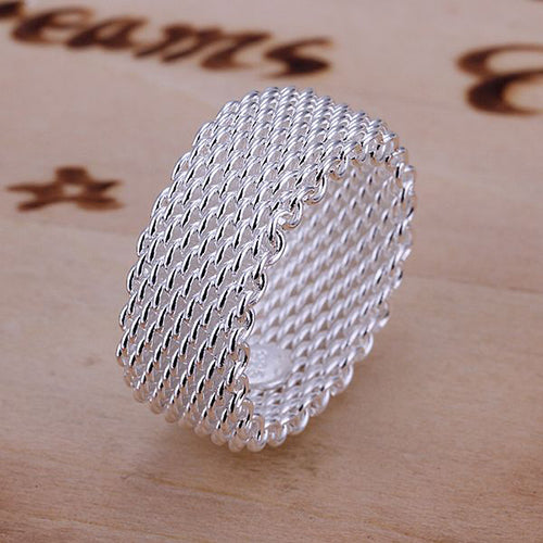 Women Wide Net Woven Mesh Style Finger Ring Silver Plated Jewelry Charms Gift