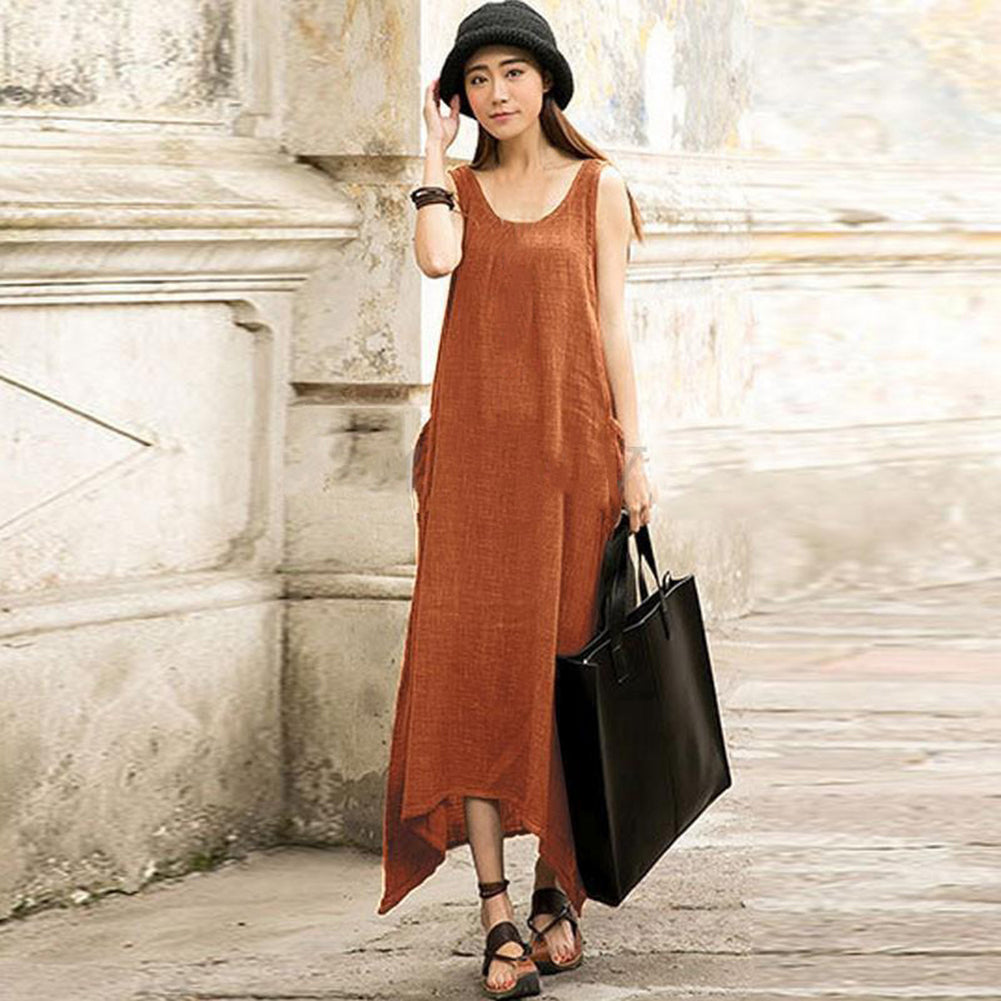 Boho Plus Size Sleeveless Casual Loose Solid Color Irregular Hem Long Maxi Dress