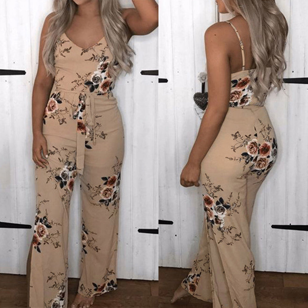 Women Sexy Long Pants Sleeveless Spaghetti Strap Jumpsuit Romper With Belt