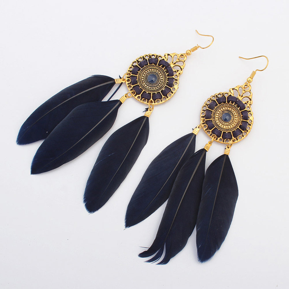 Vintage Women Long Feather Round Hollow Circle Hook Earrings Party Jewelry Gift