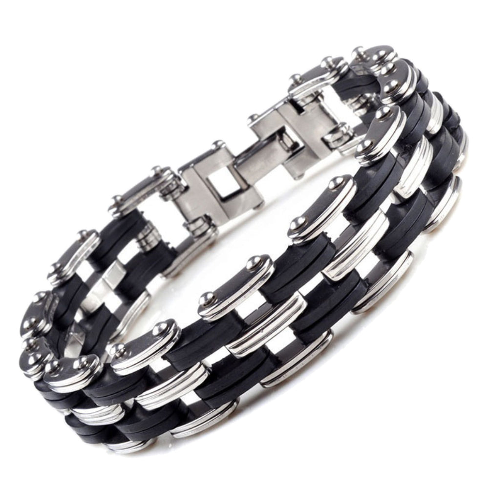 Men Fashion Stainless Steel Rubber Bracelet Bangle Jewelry Party Club Wristband