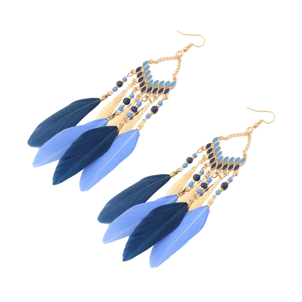 Women Feather Dangle Bohemian Ethnic Tassels Beads Drop Hook Earrings Jewelry