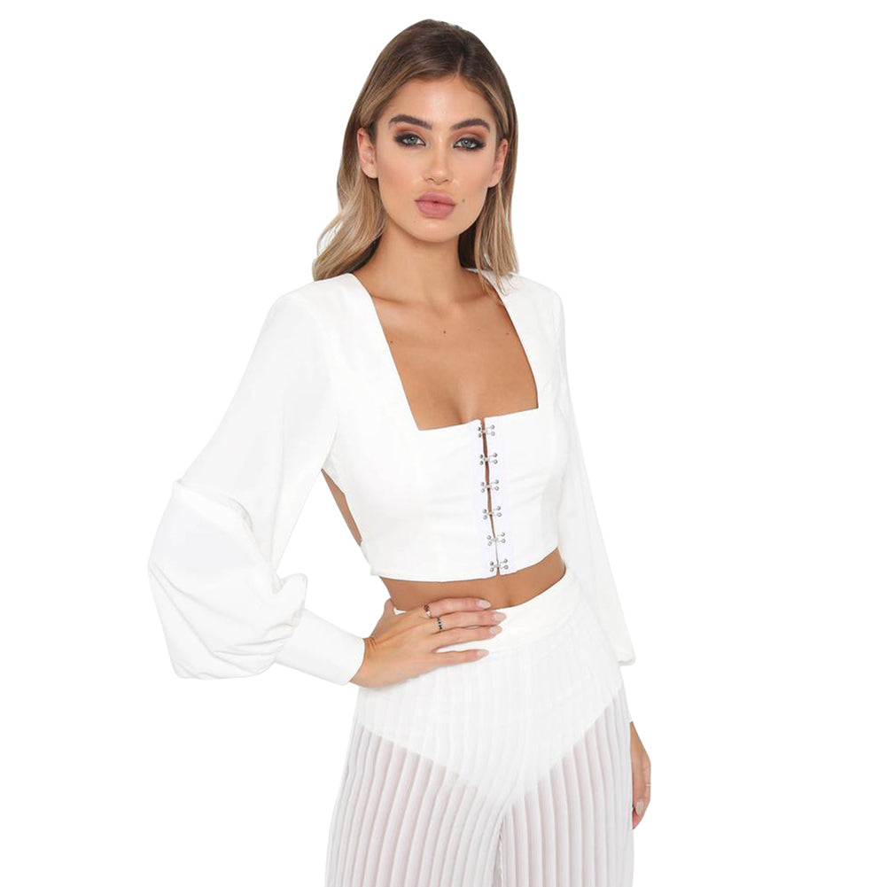 Fashion Women Solid Color Long Sleeve Summer Backless Bandage Crop Top Blouse