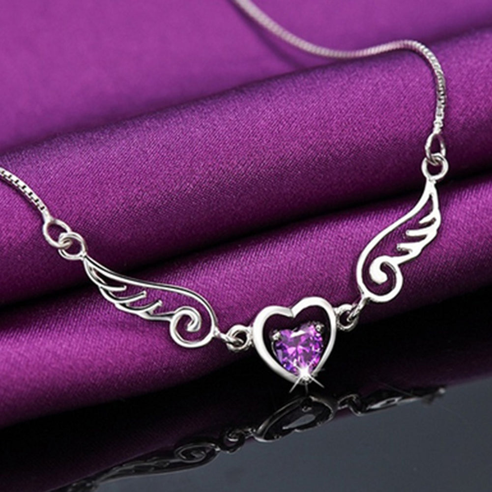 Women Fashion Angel Love Hollow Heart Shiny Rhinestone Wing Pendant Necklace