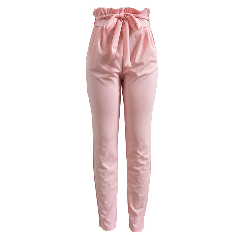 Women Casual Solid Color Trousers Waist Belt Ruffled Waist Long Pencil Pants