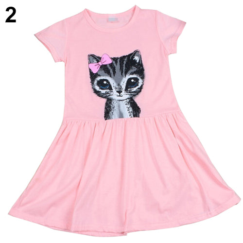 Kids Girls Fashion Summer Short Sleeve Cute Cat Bowknot Dress O-Neck Dress