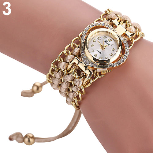Women Fashion Love Heart Shiny Rhinestone Braid Band Analog Quartz Wrist Watch