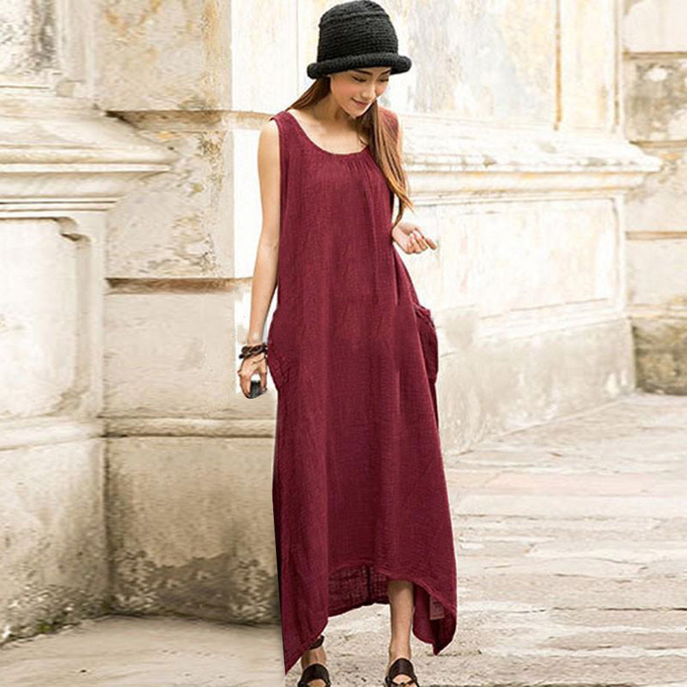 Boho Plus Size Sleeveless Casual Loose Solid Color Irregular Hem Long Maxi Dress