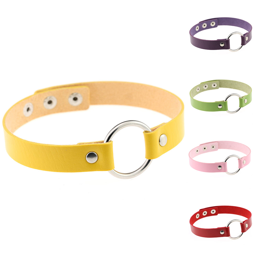 Women Fashion Punk Choker O-Ring Faux Leather Rivets Collar Short Necklace