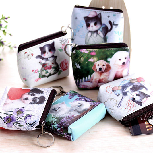 Women Girl Cute Dog Cat Faux Leather Clutch Short Coin Purse Zipper Wallet Gift