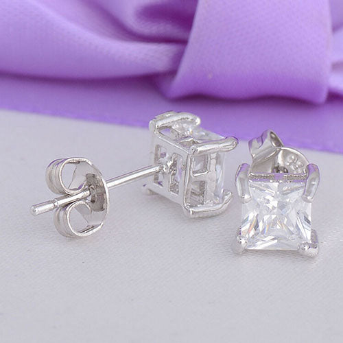 Fashion Women 925 Sterling Silver Clear Square Cubic Zirconia Ear Studs Earrings