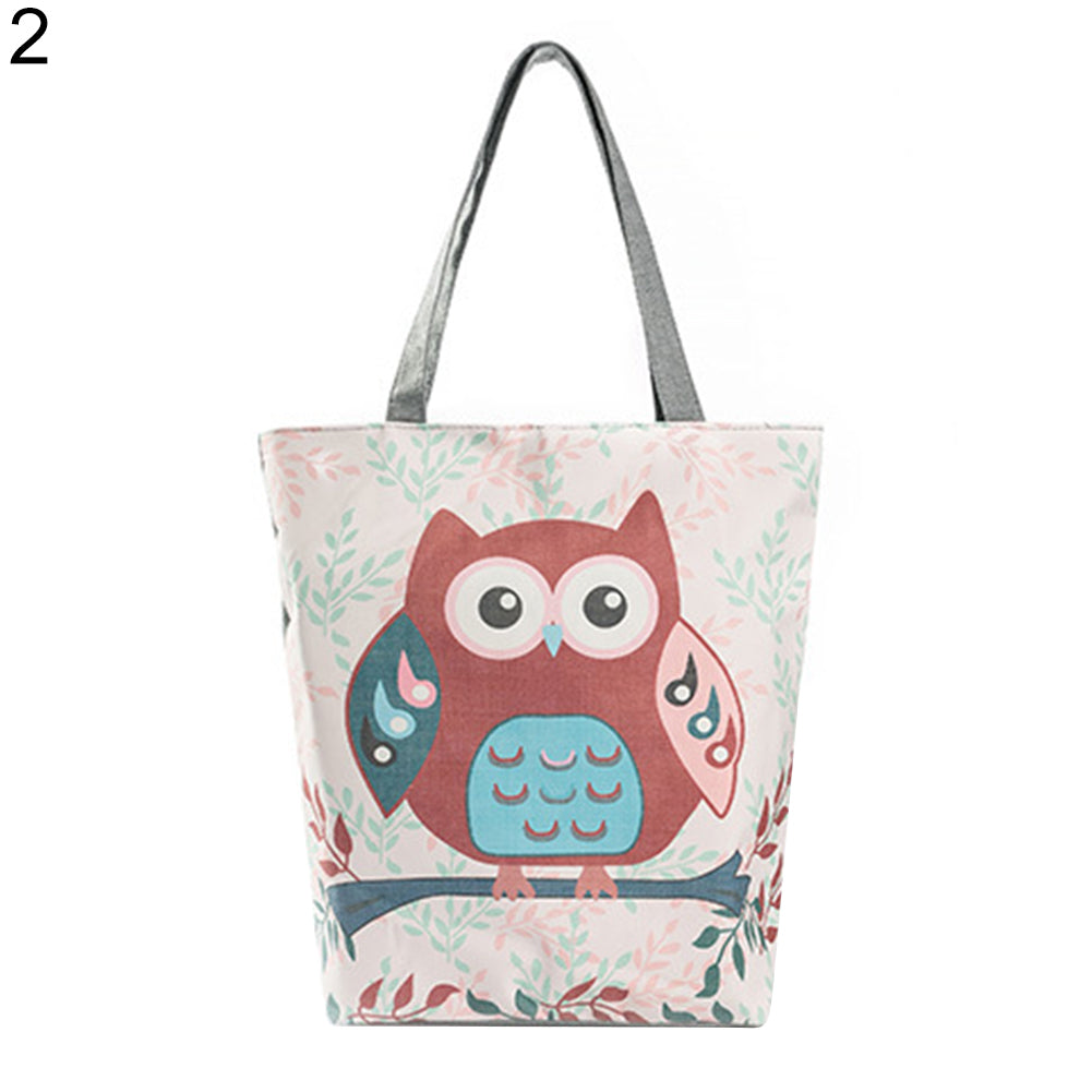 Cute Owl Floral Printed Canvas Tote Bag Women Casual Large Capacity Handbags
