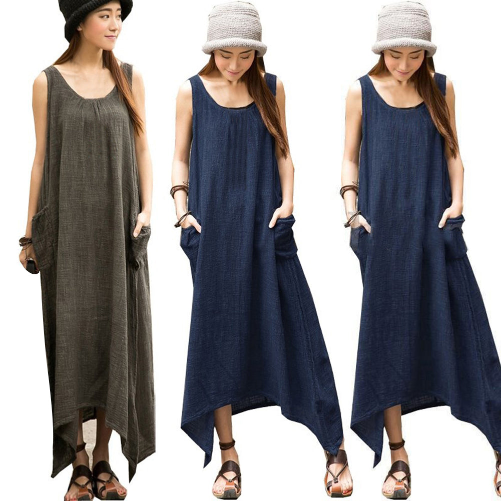 Boho Plus Size Sleeveless Casual Loose Solid Color Irregular Hem Long Maxi Dress