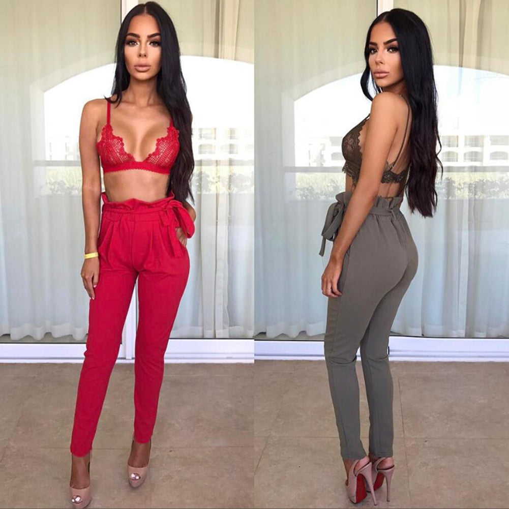 Women Casual Solid Color Trousers Waist Belt Ruffled Waist Long Pencil Pants