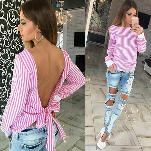 Women's Sexy Bowknot Backless Striped Slim Blouse Shirt Long Sleeve O Neck Top