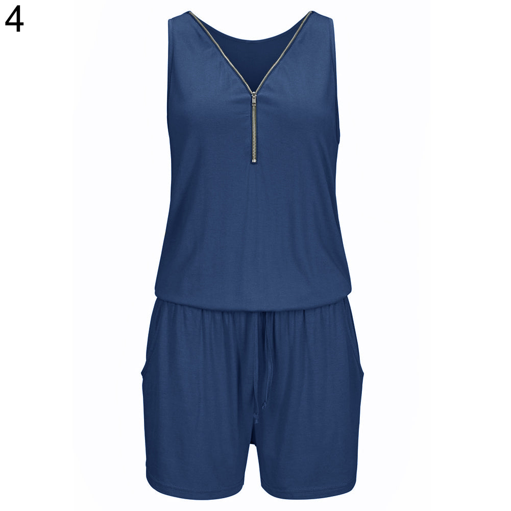 Sexy Women Beach Zipper V-Neck Sleeveless Slim Jumpsuit Romper Playsuit Shorts