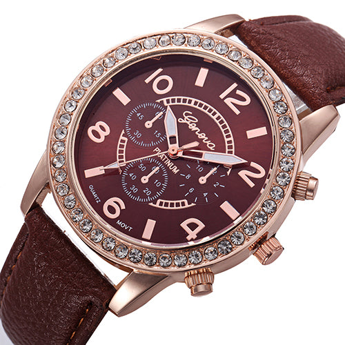Fashion Women Geneva Rhinestone Big Dial Faux Leather Analog Wrist Watch Gifts