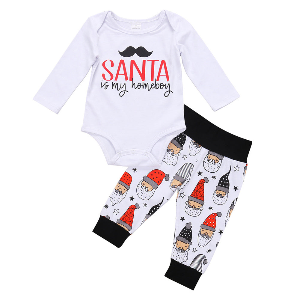 Baby Toddler Boys Girls Christmas Santa Print Cotton Clothes Set Romper + Pants