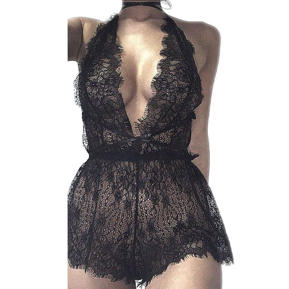 Women Sexy Deep V-Neck Halter See Through Lace Sleepwear + G-String Underwear