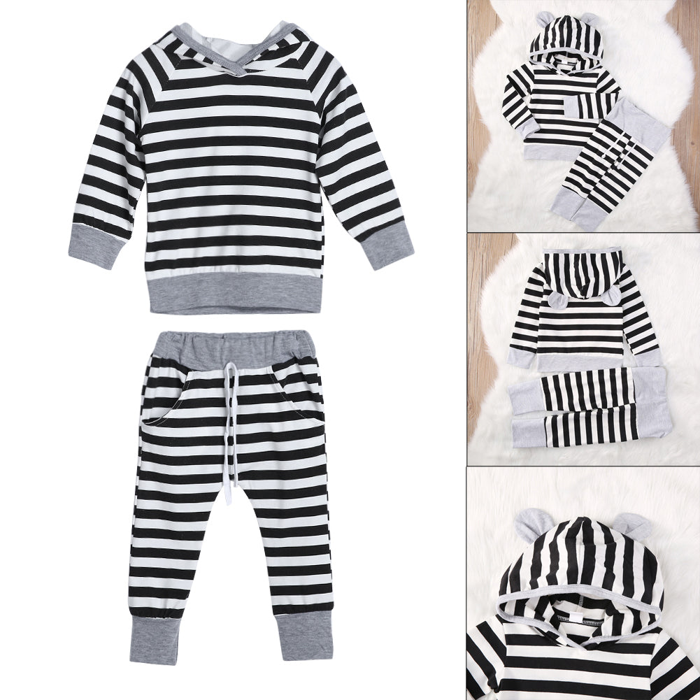 Newborn Baby Boys Girls Outfit Striped Hooded Top Long Sleeve T-Shirt + Pants