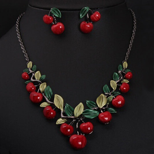 1 Set Vintage Red Cherry Fruit Jewelry Set Chic Bridal Necklace Earrings