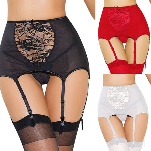 Women Sexy Babydoll High Waisted Lace Hollow Garter Belt + G-string Thong Set