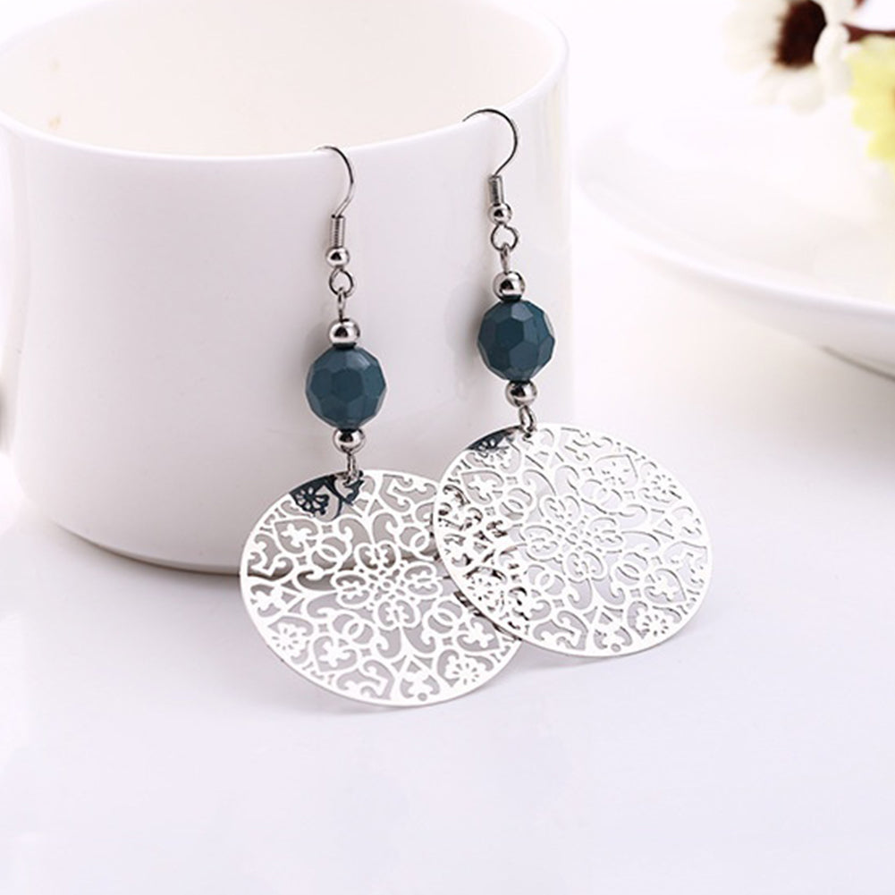 Vintage Women Hook Earrings Big Hollow Round Flower Bead Pendant Party Jewelry