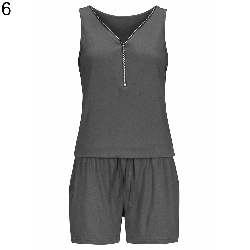 Sexy Women Beach Zipper V-Neck Sleeveless Slim Jumpsuit Romper Playsuit Shorts