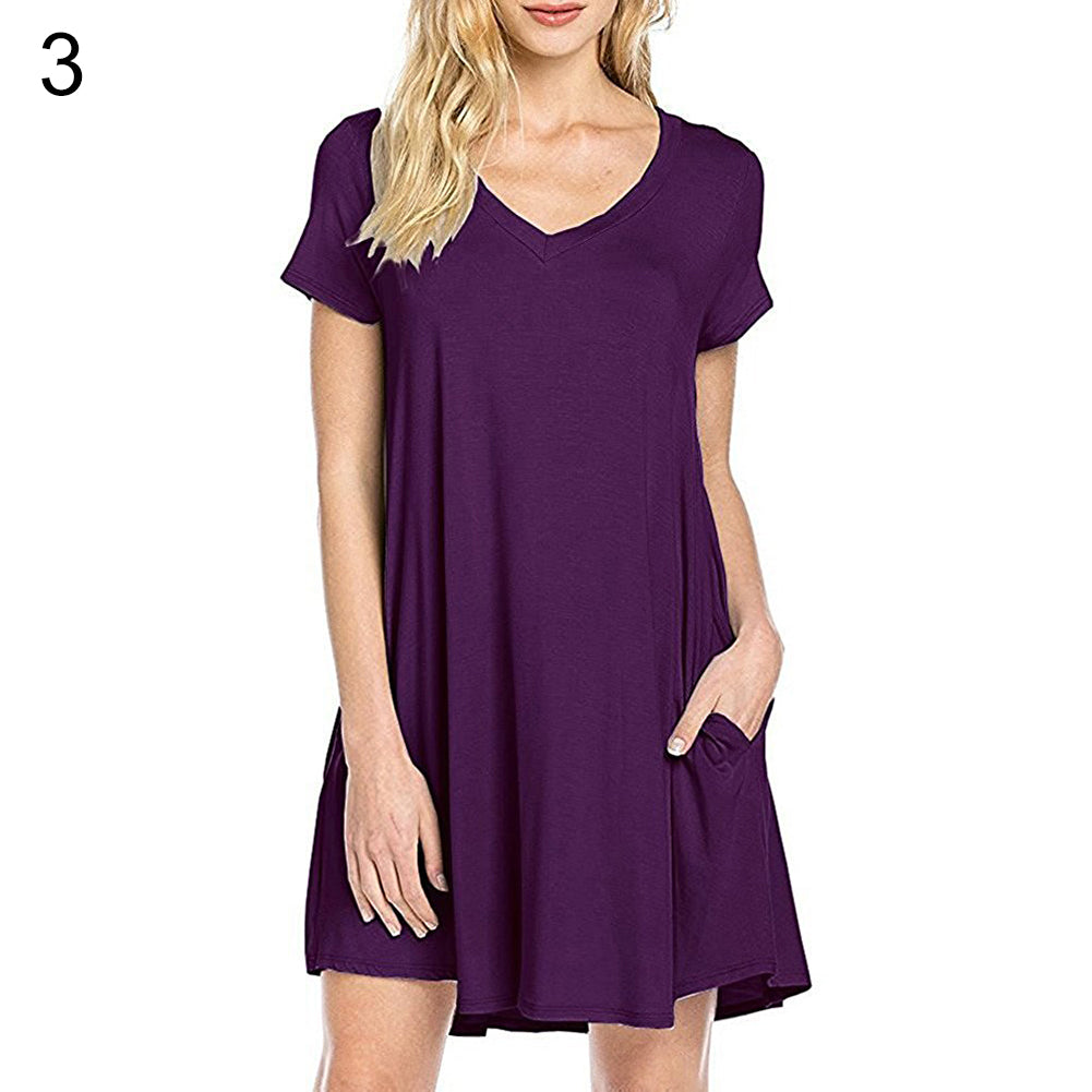 Women's Casual Simple Plain Side Pockets Summer Loose V-Neck T-shirt Dress