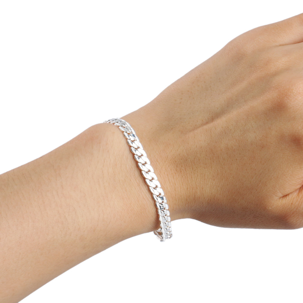 Fashion Men's Flat Curb Silver Plated Chain Simple Design Bracelet Jewelry Gift