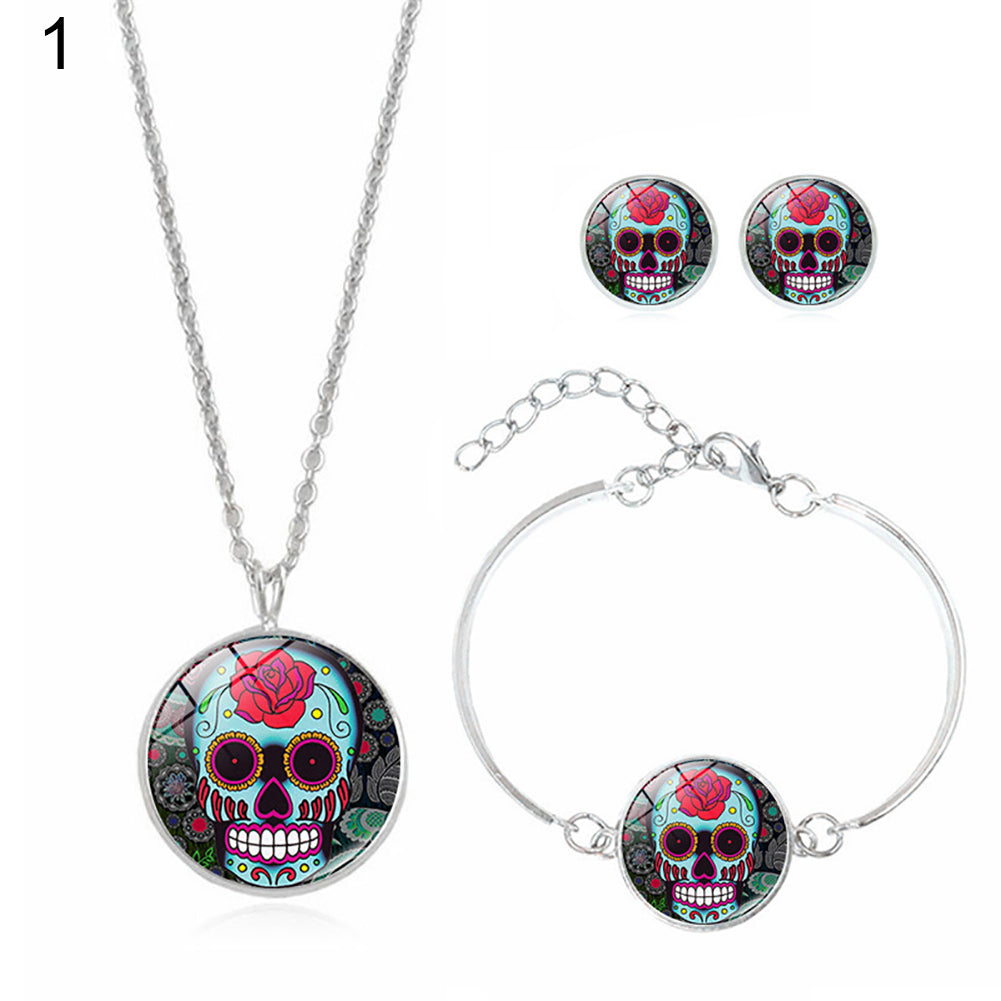 Fashion Women Skull Rose Earrings Necklace Bracelet Halloween Accessories Set