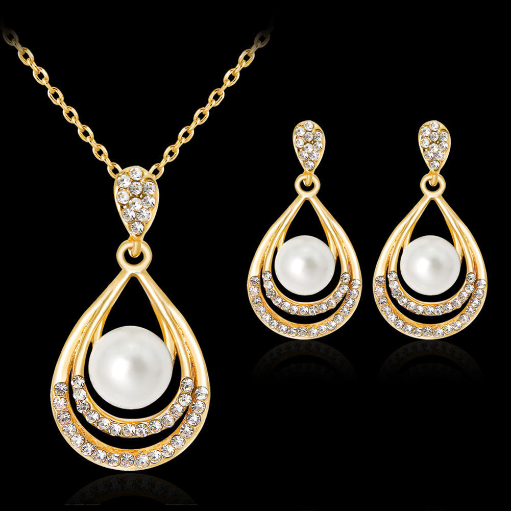 Fashion Faux Pearl Rhinestone Waterdrop Pendant Necklace Earrings Jewelry Set