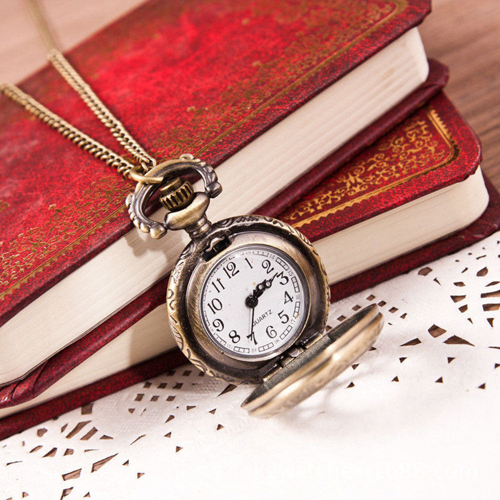 Unisex Vintage Hollow Crown Bronze Quartz Pocket Dress Watch Pendant Necklace