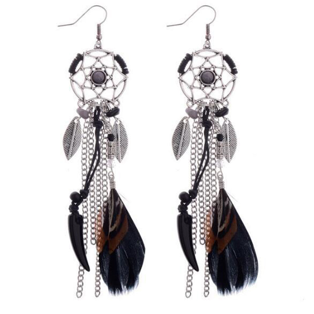 Retro Hollowed Star Feather Leaves Tassels Hook Earrings Women Ear Charm Decor