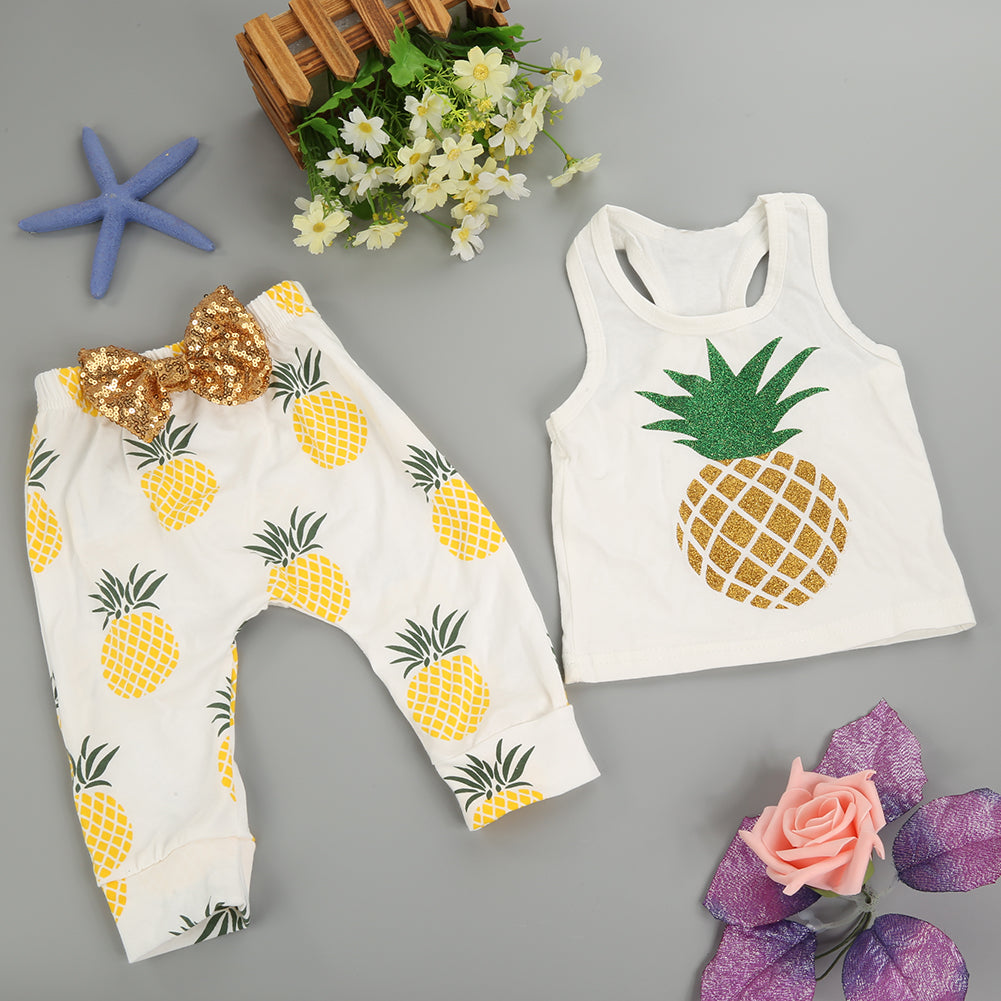 Baby Girl Boy Summer Fashion Pineapple Sequins Bow Vest Pants Outfit Clothes Set