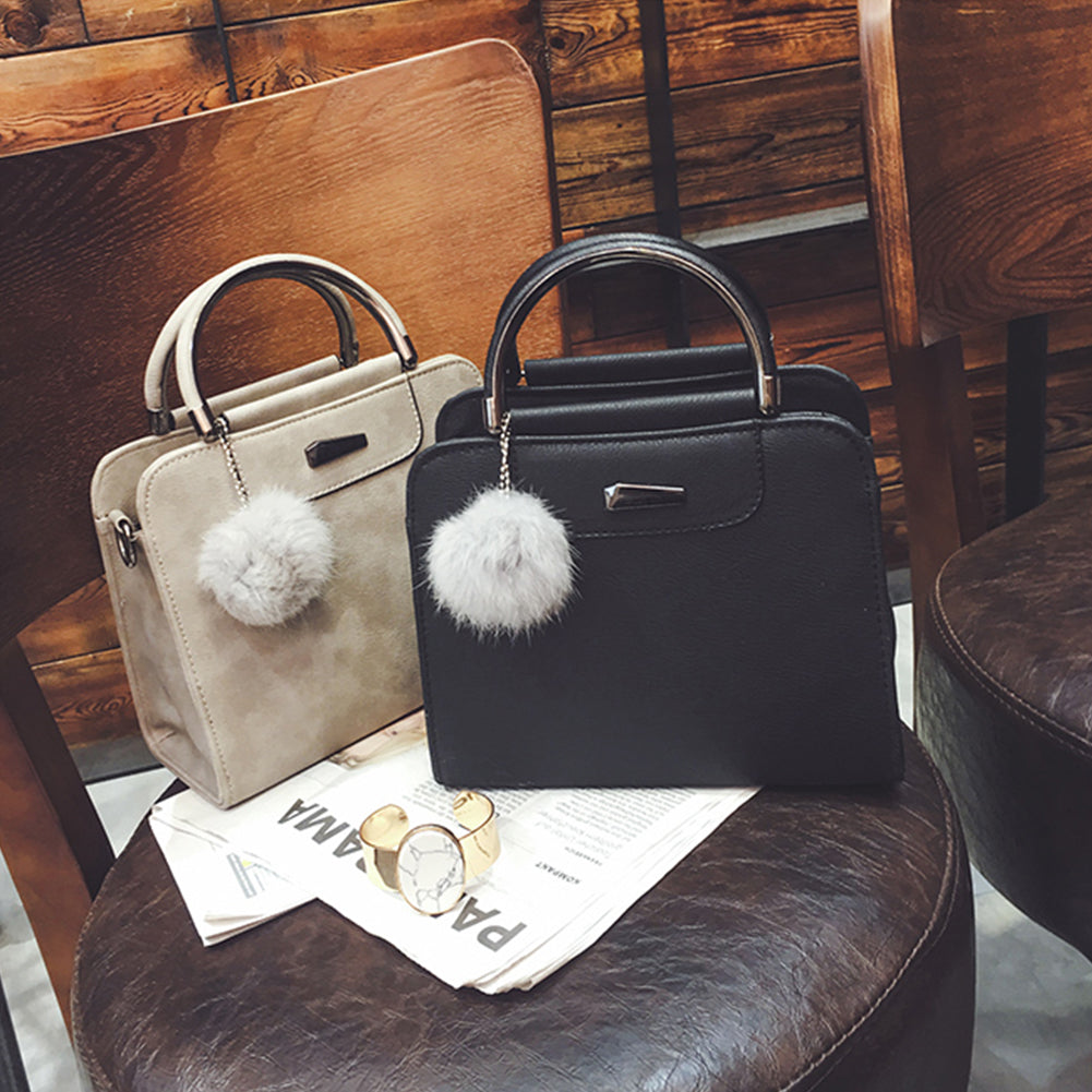 Fashion Women Plush Ball Faux Leather Shoulder Bag Tote Purse Crossbody  Handbag