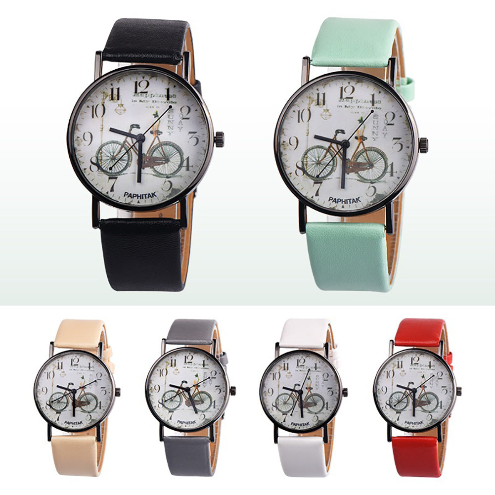 Vintage Bike Print Round Dial Analog Faux Leather Band Quartz Women Wrist Watch