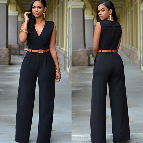 Women Sleeveless V-Neck High Waist Wide Leg Romper Pants Jumpsuit with Belt