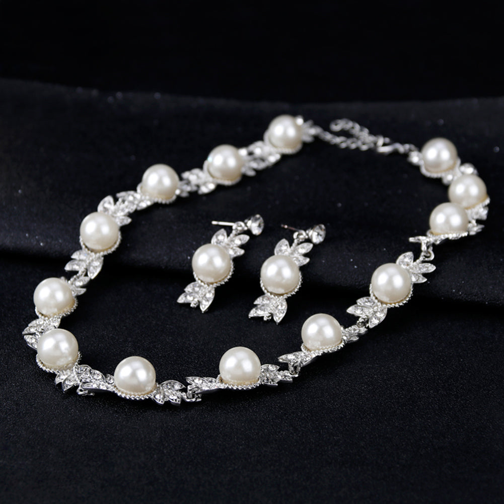 Women Faux Pearl Rhinestone Necklace Stud Earrings Bracelet Jewelry Wedding