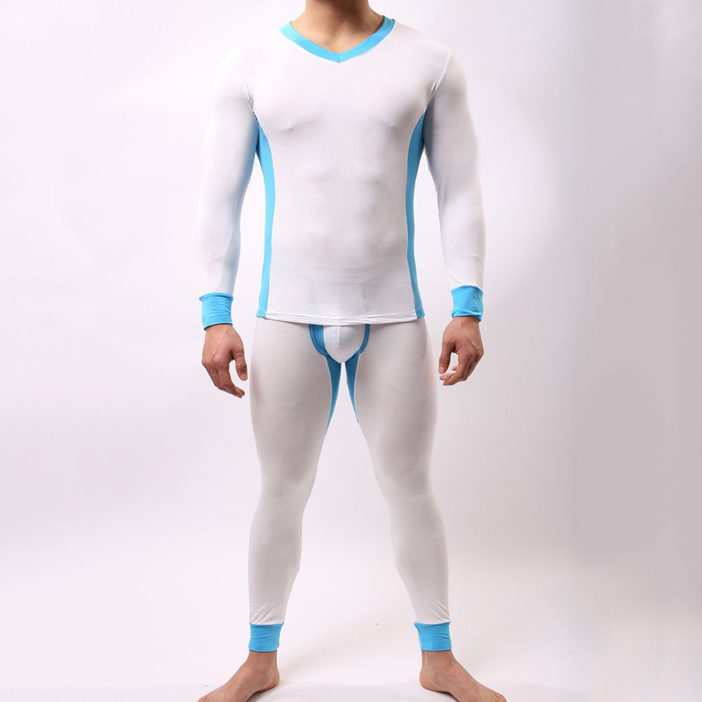 Winter Men Ultra Soft Color Block Thermal Underwear Set Top T-Shirt + Long Pants