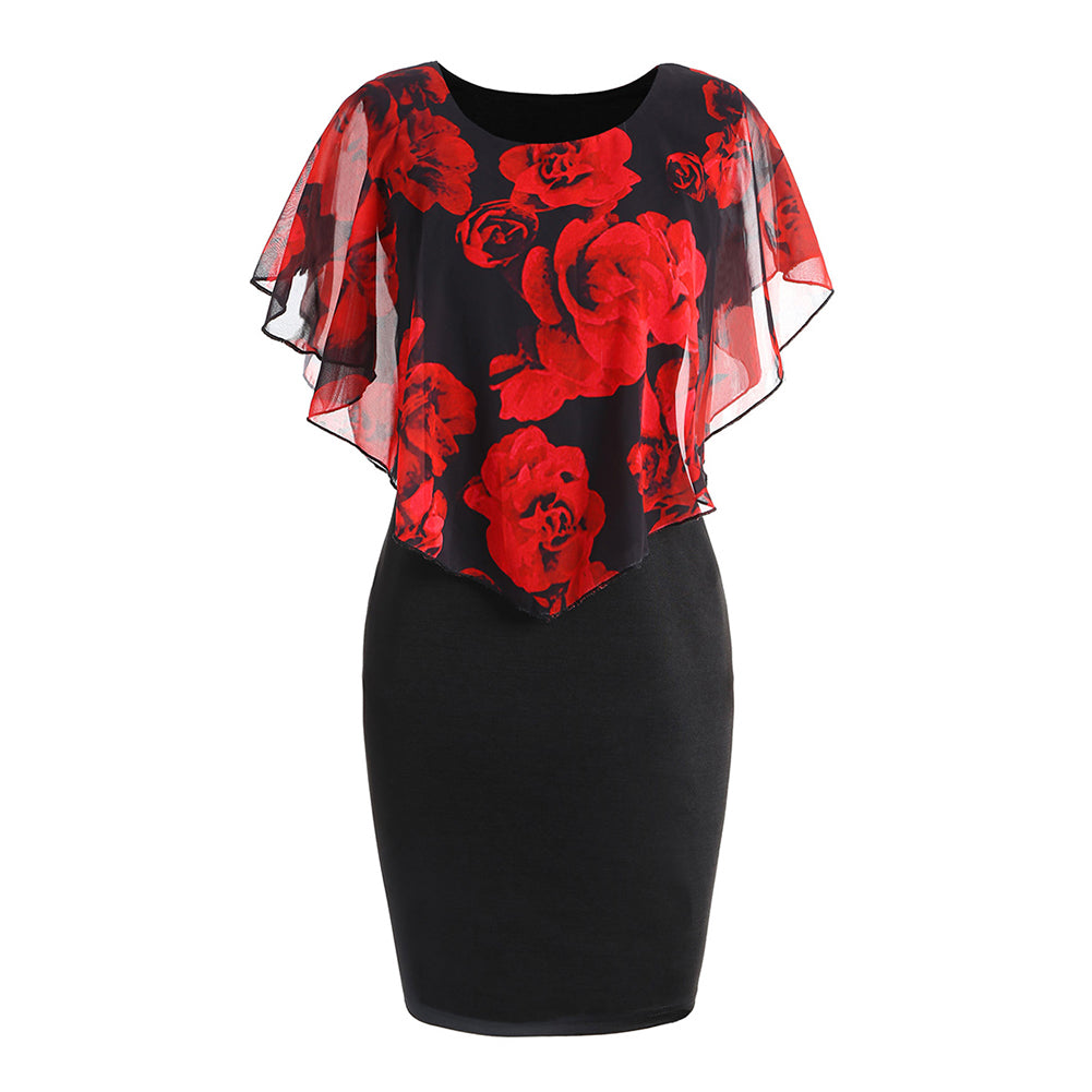 Fashion Elegant Rose Floral Print Shawl Design Round Neck Slim Fit Women Dress