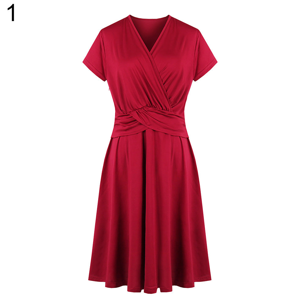 Fashion Women V-Neck Casual Ruched Waist Evening Party Cocktail Swing Dress