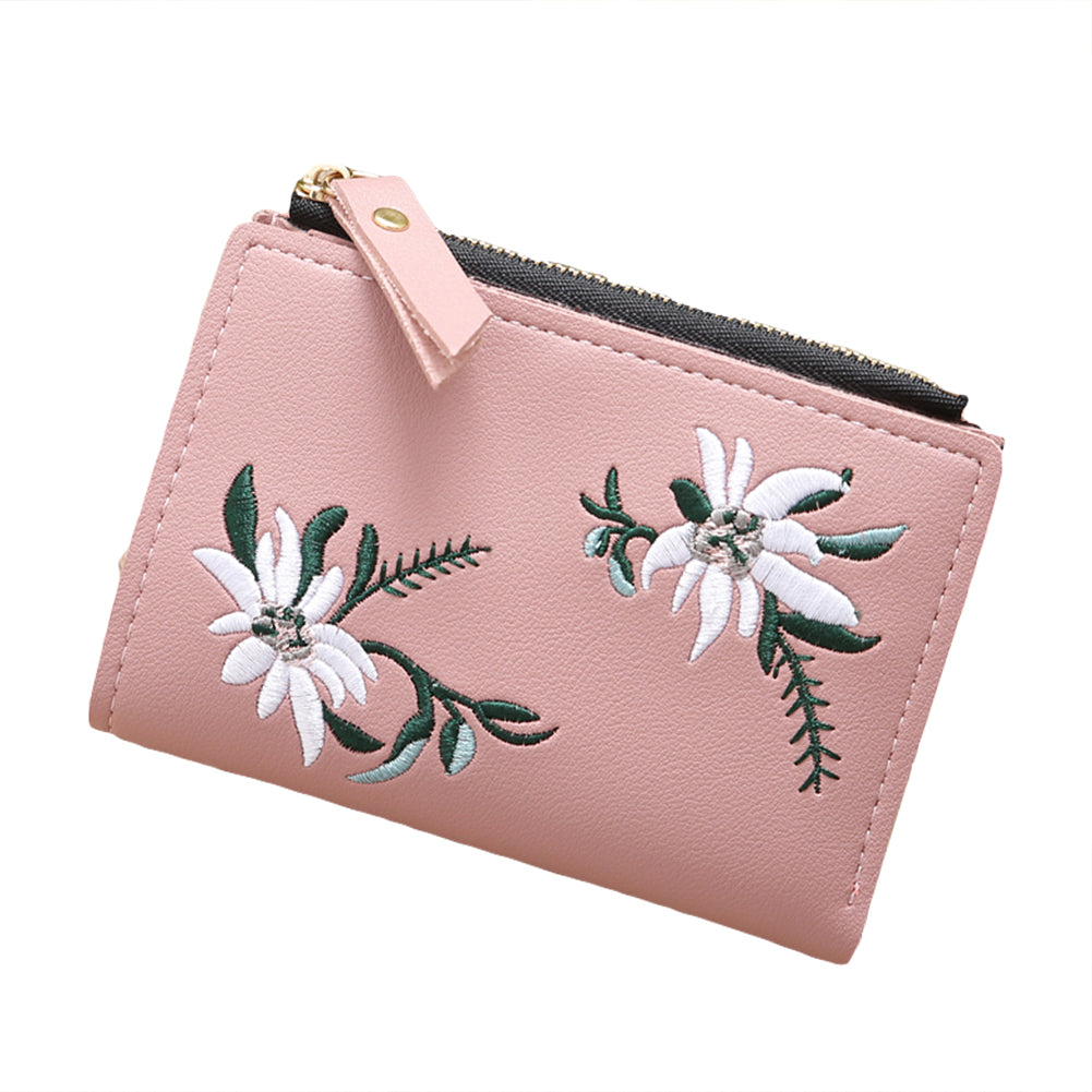 Embroidery Flower Faux Leather Women Girl Coin Purse Card Holder Short Wallet