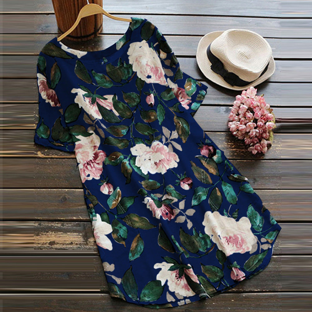 Summer Women Floral Print Short Sleeve Long Shirt Plus Size Loose Mini Dress