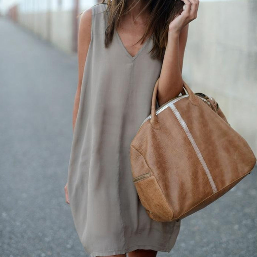 Summer Casual Loose Tank Vest V-Neck Sleeveless Women Solid Color Mini Dress