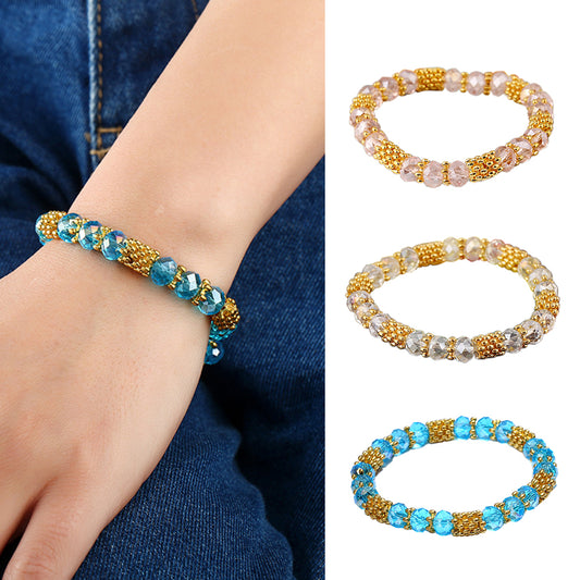 Fashion Elegant Faux Crystal Alloy Elastic Beaded Bracelet Women Jewelry Gift