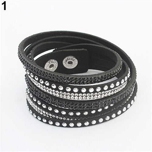 Women's Multilayer Faux Leather Punk Rhinestone Cuff Bracelet Bangle Wristband