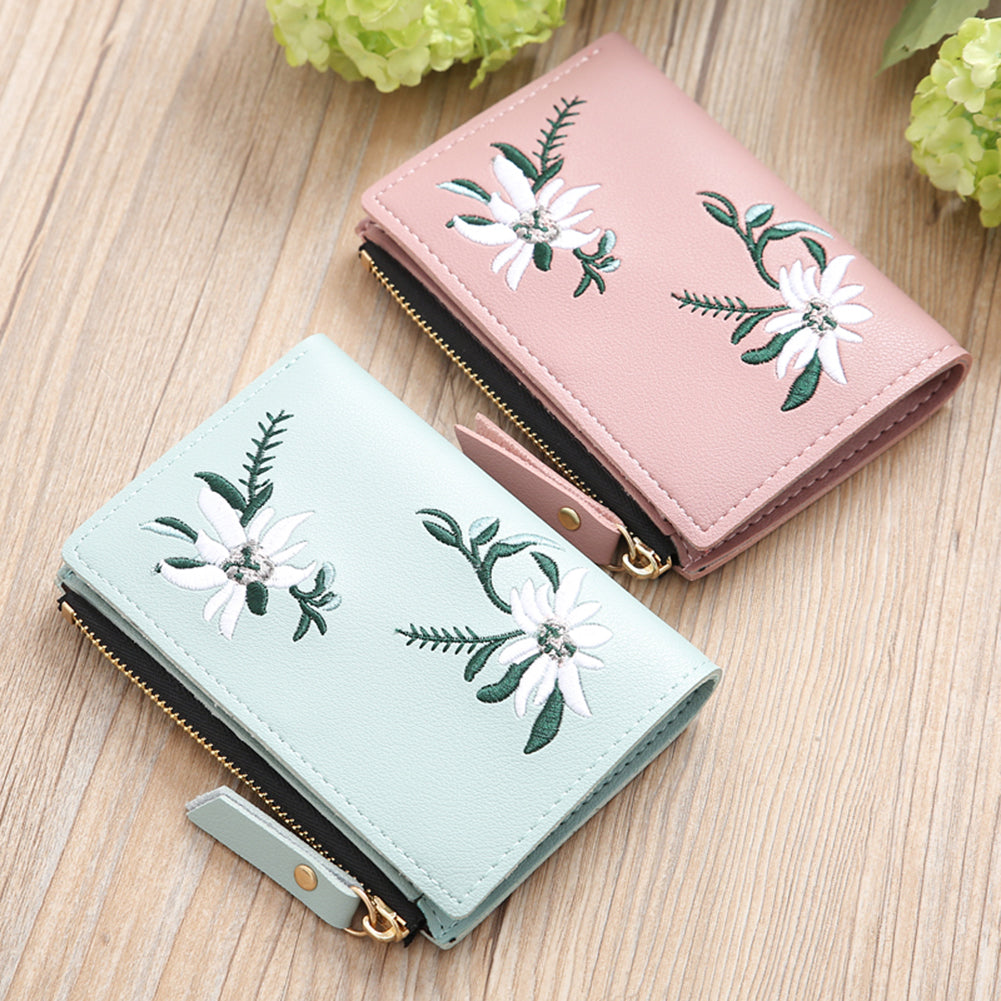 Embroidery Flower Faux Leather Women Girl Coin Purse Card Holder Short Wallet