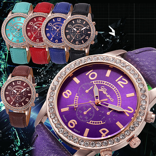 Fashion Women Geneva Rhinestone Big Dial Faux Leather Analog Wrist Watch Gifts
