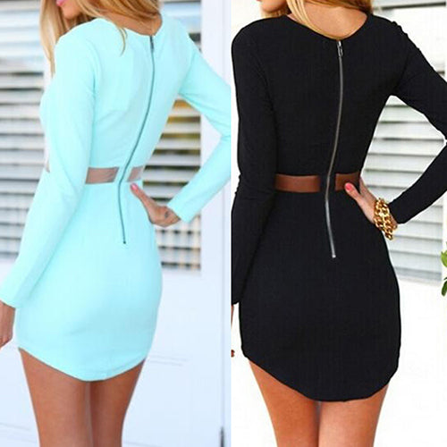 Women's Sexy Stretch Bodycon Long Sleeve O-neck Irregular Above-knee Mini Dress